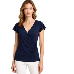 Lilly Pulitzer Navy Faux Wrap Top Flutter Sleeves Pima Cotton Size Small